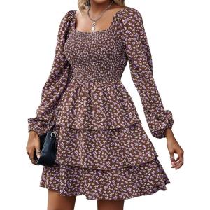 imageBTFBM Women Square Neck Smocked Dresses 2025 Summer Spring Long Sleeve Floral Swiss Dot Mini Boho Wedding Guest DressFloral Brown