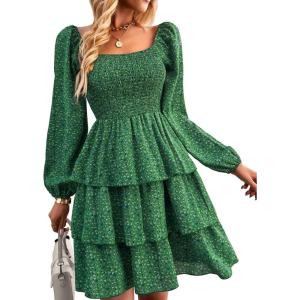 imageBTFBM Women Square Neck Smocked Dresses 2025 Summer Spring Long Sleeve Floral Swiss Dot Mini Boho Wedding Guest DressFloral Green Blue