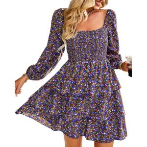 imageBTFBM Women Square Neck Smocked Dresses 2025 Summer Spring Long Sleeve Floral Swiss Dot Mini Boho Wedding Guest DressFloral Purple Red