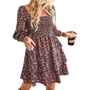 imageBTFBM Women Square Neck Smocked Dresses 2025 Summer Spring Long Sleeve Floral Swiss Dot Mini Boho Wedding Guest DressFloral Red Pink