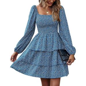 imageBTFBM Women Square Neck Smocked Dresses 2025 Summer Spring Long Sleeve Floral Swiss Dot Mini Boho Wedding Guest DressFloral Royal Blue