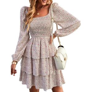 imageBTFBM Women Square Neck Smocked Dresses 2025 Summer Spring Long Sleeve Floral Swiss Dot Mini Boho Wedding Guest DressFloral White Red