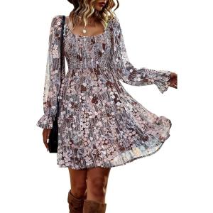 imageBTFBM Women Square Neck Smocked Dresses 2025 Summer Spring Long Sleeve Floral Swiss Dot Mini Boho Wedding Guest DressPrint Flower Brown