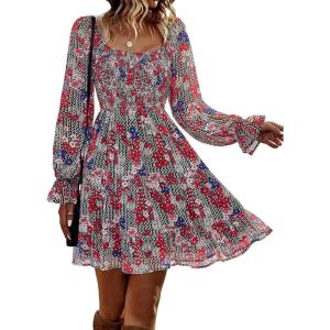 imageBTFBM Women Square Neck Smocked Dresses 2025 Summer Spring Long Sleeve Floral Swiss Dot Mini Boho Wedding Guest DressPrint Flower Red