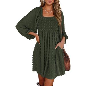 imageBTFBM Women Square Neck Smocked Dresses 2025 Summer Spring Long Sleeve Floral Swiss Dot Mini Boho Wedding Guest DressSwiss Dot Army Green