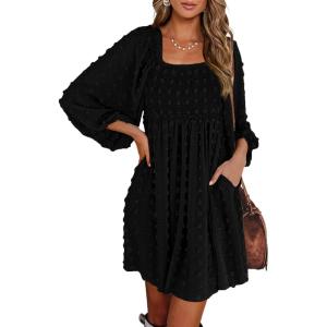 imageBTFBM Women Square Neck Smocked Dresses 2025 Summer Spring Long Sleeve Floral Swiss Dot Mini Boho Wedding Guest DressSwiss Dot Black