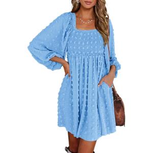 imageBTFBM Women Square Neck Smocked Dresses 2025 Summer Spring Long Sleeve Floral Swiss Dot Mini Boho Wedding Guest DressSwiss Dot Blue