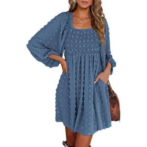 imageBTFBM Women Square Neck Smocked Dresses 2025 Summer Spring Long Sleeve Floral Swiss Dot Mini Boho Wedding Guest DressSwiss Dot Grey Blue