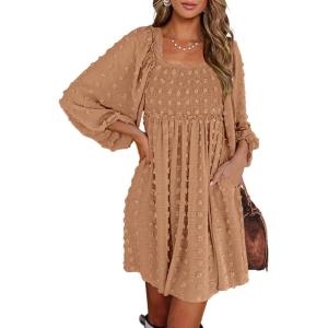 imageBTFBM Women Square Neck Smocked Dresses 2025 Summer Spring Long Sleeve Floral Swiss Dot Mini Boho Wedding Guest DressSwiss Dot Khaki