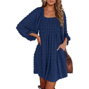 imageBTFBM Women Square Neck Smocked Dresses 2025 Summer Spring Long Sleeve Floral Swiss Dot Mini Boho Wedding Guest DressSwiss Dot Navy