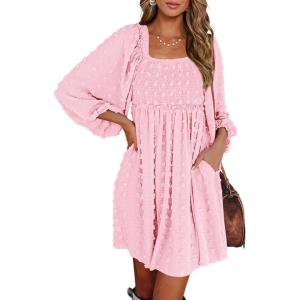 imageBTFBM Women Square Neck Smocked Dresses 2025 Summer Spring Long Sleeve Floral Swiss Dot Mini Boho Wedding Guest DressSwiss Dot Pink