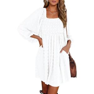 imageBTFBM Women Square Neck Smocked Dresses 2025 Summer Spring Long Sleeve Floral Swiss Dot Mini Boho Wedding Guest DressSwiss Dot White