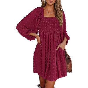 imageBTFBM Women Square Neck Smocked Dresses 2025 Summer Spring Long Sleeve Floral Swiss Dot Mini Boho Wedding Guest DressSwiss Dot Wine Red