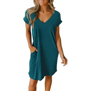 imageBTFBM Women V Neck Short Sleeve Summer Dresses Beach 2025 Spring Casual Loose Tunic Short TShirt Dress Pajamas PocketsDark Lake Blue