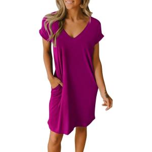 imageBTFBM Women V Neck Short Sleeve Summer Dresses Beach 2025 Spring Casual Loose Tunic Short TShirt Dress Pajamas PocketsDark Purple Red