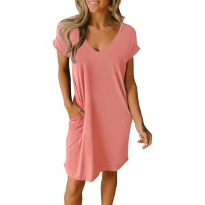imageBTFBM Women V Neck Short Sleeve Summer Dresses Beach 2025 Spring Casual Loose Tunic Short TShirt Dress Pajamas PocketsPink