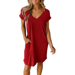 imageBTFBM Women V Neck Short Sleeve Summer Dresses Beach 2025 Spring Casual Loose Tunic Short TShirt Dress Pajamas PocketsRed