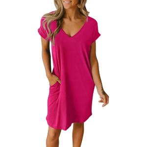 imageBTFBM Women V Neck Short Sleeve Summer Dresses Beach 2025 Spring Casual Loose Tunic Short TShirt Dress Pajamas PocketsRose Red