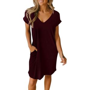 imageBTFBM Women V Neck Short Sleeve Summer Dresses Beach 2025 Spring Casual Loose Tunic Short TShirt Dress Pajamas PocketsWine Red