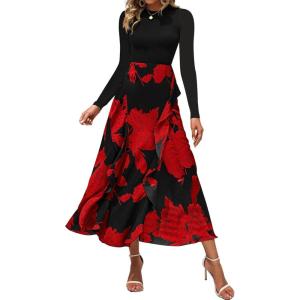 imageBTFBM Womens Floral Maxi Dress 2025 Spring Fall Casual Crewneck Long Sleeve Ruffle Flowy Cocktail Wedding Guest DressesBig Floral Red