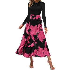 imageBTFBM Womens Floral Maxi Dress 2025 Spring Fall Casual Crewneck Long Sleeve Ruffle Flowy Cocktail Wedding Guest DressesBig Floral Rose Red