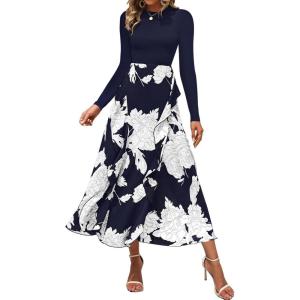 imageBTFBM Womens Floral Maxi Dress 2025 Spring Fall Casual Crewneck Long Sleeve Ruffle Flowy Cocktail Wedding Guest DressesBig Floral White Navy
