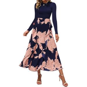 imageBTFBM Womens Floral Maxi Dress 2025 Spring Fall Casual Crewneck Long Sleeve Ruffle Flowy Cocktail Wedding Guest DressesPink Floral Navy
