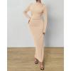 imageBTFBM Women Bodycon Maxi Dress Long Sleeve Back Slit Ruched Elegant Party Cocktail Formal Fall Wedding Guest DressesBeige