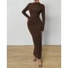 imageBTFBM Women Bodycon Maxi Dress Long Sleeve Back Slit Ruched Elegant Party Cocktail Formal Fall Wedding Guest DressesDark Coffee