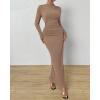 imageBTFBM Women Bodycon Maxi Dress Long Sleeve Back Slit Ruched Elegant Party Cocktail Formal Fall Wedding Guest DressesKhaki
