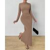 imageBTFBM Women Bodycon Maxi Dress Long Sleeve Back Slit Ruched Elegant Party Cocktail Formal Fall Wedding Guest DressesKhaki