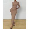 imageBTFBM Women Bodycon Maxi Dress Long Sleeve Back Slit Ruched Elegant Party Cocktail Formal Fall Wedding Guest DressesKhaki