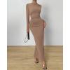 imageBTFBM Women Bodycon Maxi Dress Long Sleeve Back Slit Ruched Elegant Party Cocktail Formal Fall Wedding Guest DressesKhaki