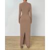 imageBTFBM Women Bodycon Maxi Dress Long Sleeve Back Slit Ruched Elegant Party Cocktail Formal Fall Wedding Guest DressesKhaki