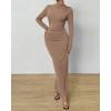 imageBTFBM Women Bodycon Maxi Dress Long Sleeve Back Slit Ruched Elegant Party Cocktail Formal Fall Wedding Guest DressesKhaki