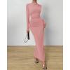 imageBTFBM Women Bodycon Maxi Dress Long Sleeve Back Slit Ruched Elegant Party Cocktail Formal Fall Wedding Guest DressesPink
