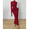 imageBTFBM Women Bodycon Maxi Dress Long Sleeve Back Slit Ruched Elegant Party Cocktail Formal Fall Wedding Guest DressesWine Red