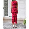 imageBTFBM Women Bodycon Maxi Dresses 2025 Summer Sleeveless Floral Ruched Slit Mesh Party Cocktail Wedding Guest Tank DressBig Floral Wine Red
