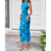 imageBTFBM Women Bodycon Maxi Dresses 2025 Summer Sleeveless Floral Ruched Slit Mesh Party Cocktail Wedding Guest Tank DressFloral Blue Green