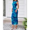 imageBTFBM Women Bodycon Maxi Dresses 2025 Summer Sleeveless Floral Ruched Slit Mesh Party Cocktail Wedding Guest Tank DressFloral Lake Blue