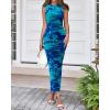 imageBTFBM Women Bodycon Maxi Dresses 2025 Summer Sleeveless Floral Ruched Slit Mesh Party Cocktail Wedding Guest Tank DressFloral Lake Blue