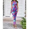 imageBTFBM Women Bodycon Maxi Dresses 2025 Summer Sleeveless Floral Ruched Slit Mesh Party Cocktail Wedding Guest Tank DressFloral Purple