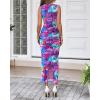 imageBTFBM Women Bodycon Maxi Dresses 2025 Summer Sleeveless Floral Ruched Slit Mesh Party Cocktail Wedding Guest Tank DressFloral Purple