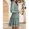 imageBTFBM Women Casual Summer Spring Dresses 2025 Tie Neck Long Sleeve High Waist Tiered Ruffle Aline Swing Tunic Mini DressDot Green