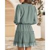 imageBTFBM Women Casual Summer Spring Dresses 2025 Tie Neck Long Sleeve High Waist Tiered Ruffle Aline Swing Tunic Mini DressDot Green