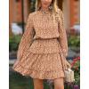 imageBTFBM Women Casual Summer Spring Dresses 2025 Tie Neck Long Sleeve High Waist Tiered Ruffle Aline Swing Tunic Mini DressLeopard Coffee