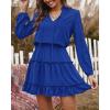 imageBTFBM Women Casual Summer Spring Dresses 2025 Tie Neck Long Sleeve High Waist Tiered Ruffle Aline Swing Tunic Mini DressLong Sleeve Bright Blue