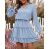 imageBTFBM Women Casual Summer Spring Dresses 2025 Tie Neck Long Sleeve High Waist Tiered Ruffle Aline Swing Tunic Mini DressLong Sleeve Light Blue