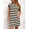 imageBTFBM Womens 2025 Summer Striped T Shirt Dress Loose Cap Sleeve Crew Neck Casual Beach Fashion Short Dresses PocketsBlack
