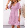 imageBTFBM Womens Beach Vacation Dress V Neck Short Sleeve Smocked Swiss Dot Casual Ruffle Mini Spring Summer Dresses 2025Swiss Dot Dusty Pink